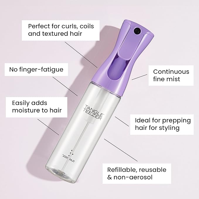 TANGLE TEEZER Fine Mist Continuous Spray Bottle, Reusable and Refillable, for Hair Detangling and Styling, 10.1 oz, Lilac