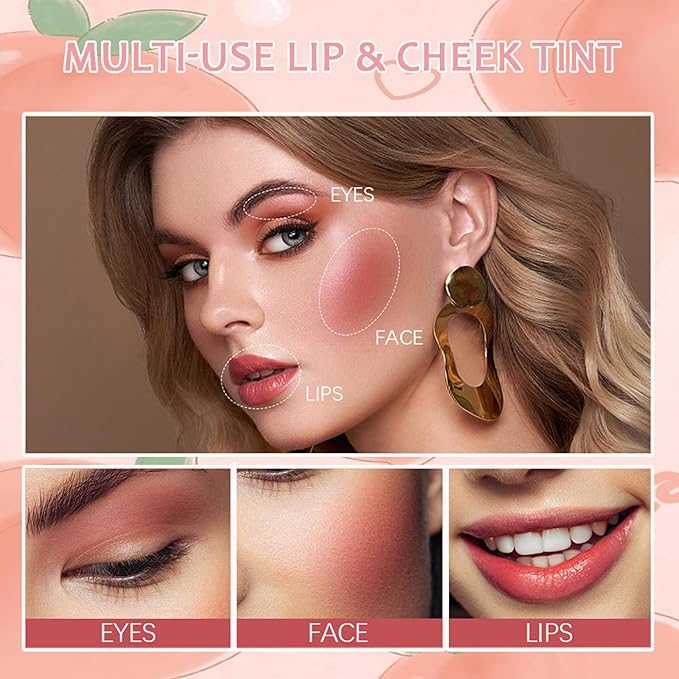 6 Colors Lip Tint Stain Set, Korean Lip Tint, Multi-use Lip and Cheek Tint Watery Lip Stain Long Lasting Waterproof, Lightweight, Non-sticky, High Pigment (Peach)