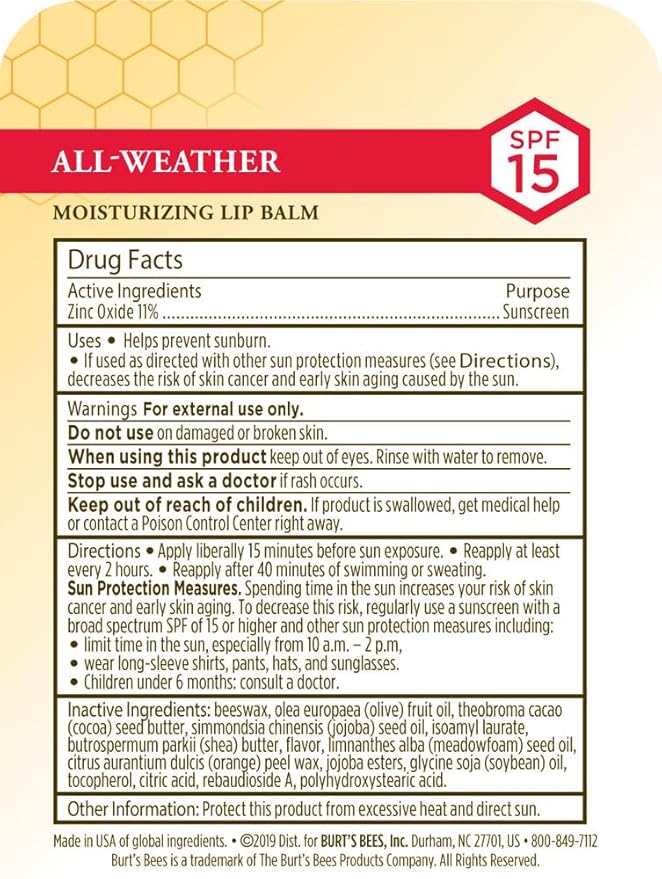 Burt's Bees All Weather SPF 15 Lip Balm, Water-Resistant Lip Moisturizer, Tint-Free, Natural Conditioning Lip Treatment, 1 Tube, 0.15 oz.
