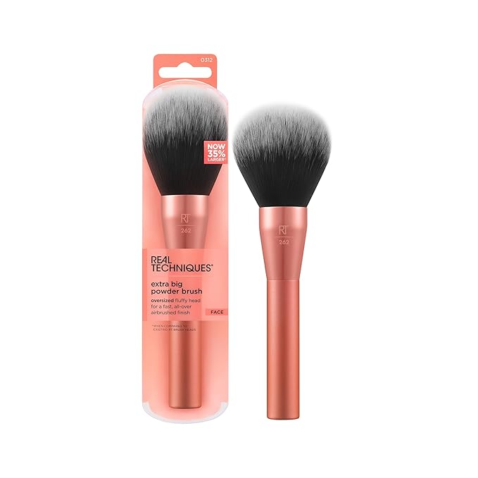 Real Techniques Extra Big Powder Brush, Large Makeup Brush For Powder, Fluffy Head For All-Over Setting, XL Oversized Brush For Quick Application, Cruelty-Free, Synthetic Bristles, 1 Count