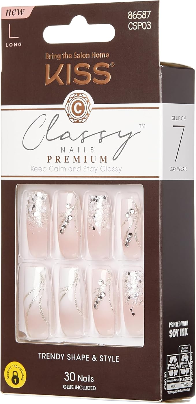 KISS Classy Premium Press On Nails, 'Stunning!', French, Long Length, Square Shape, Includes 30 Fake Nails, 2g Pink Gel Nail Glue, 1 Manicure Stick, 1 Mini File (Pack of 2)