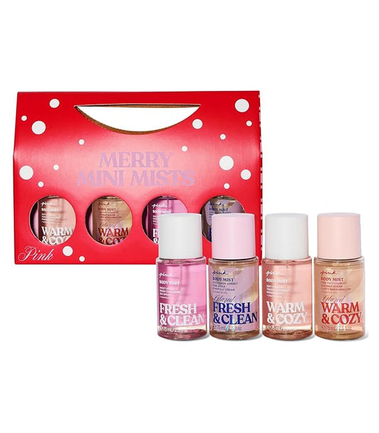Victoria's Secret PINK 4 Piece Merry Mini Mists Gift Set: Warm & Cozy and Fresh & Clean, Assorted Scents