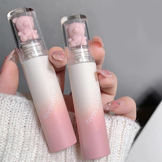 KWOLYKIM Pink Bear Matte Velvet Lip Gloss, Moisture Smooth Lip Glaze Waterproof Long Lasting Lip Stain Cute Beauty Makeup Nude Pink