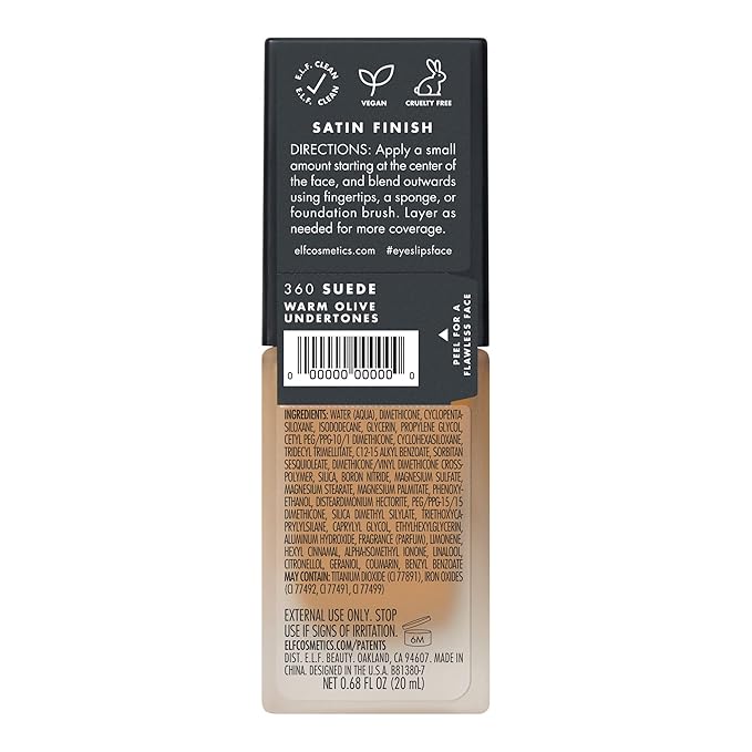 e.l.f. Flawless Satin Foundation, Lightweight & Medium Coverage, Semi-Matte Finish, Vegan & Cruelty-Free, Suede, 0.68 Fl Oz (20mL)
