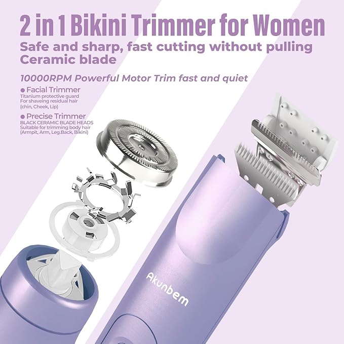 2 in 1 Women Electric Shaver Dual Head Bikini Trimmer for Women IPX7 Waterproof Wet & Dry Use Body Hair Trimmer and Facial Hair Remover for Bikini Underarm Leg Arm Body Face, Purple