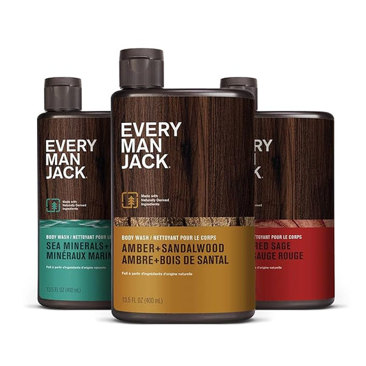 Every Man Jack Men's Body Wash Variety Pack - Includes 3 Body Washes with Natural Ingredients & Incredible Scents - Amber + Sandalwood, Cedar + Red Sage, Sea Minerals + Citron Fragrances (3 Pack)
