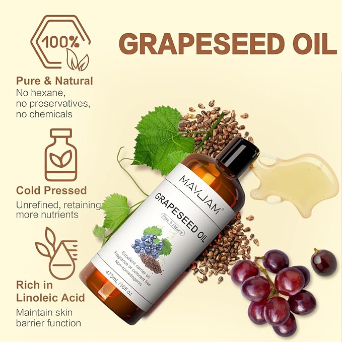 Organic Grapeseed Oil 16Oz: 100% Pure&Natural ColdPressed Carrier Oil USDA Certified Grape Seed Extract HexaneFree Unscent Liquid Moisturizer,Massage Body Face Oil for Women&Men Face Skin&Hair