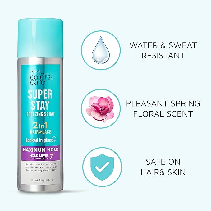 KISS COLORS & CARE Maximum Hold 2-in-1 Super Stay Freezing Spray, 11.1 oz. - Daily Hair Styling, Safe on Skin & Hair, Easy Wash Out, Humidity Resistant, Sweat Resistant, Spring Floral Scent