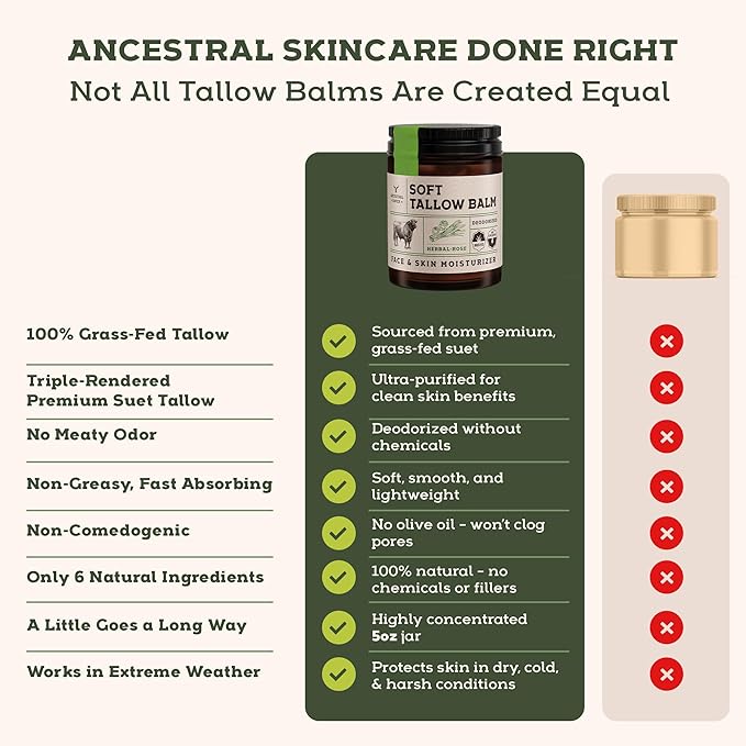 Beef Tallow for Skin - Beef Tallow For Face - Tallow Face Moisturizer - Beef Tallow Moisturizer - Tallow Balm - Grass Fed Beef Tallow For Skin - Tallow Face Cream Lotion (5.0, Herbal-Rose)