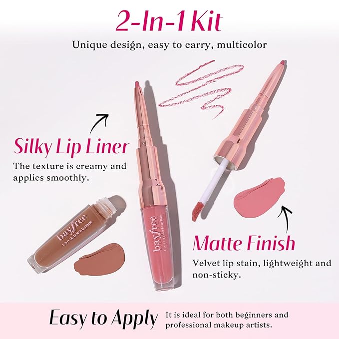 2 PCS Lip Liner and Lip Stain Combo Set, High Pigmented Long Lasting Velvet Lip Tint, Well-Defined Lipliner, Weightless Waterproof Not Animal Tested, Matte Finish Makeup