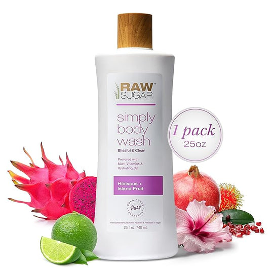 RAW SUGAR Simply Body Wash - Hibiscus + Island Fruit (25 Fl Oz, Pack of 1) Moisturizing & Soothing Bath & Shower Gel, Formulated without Sulfates & Parabens, Vegan