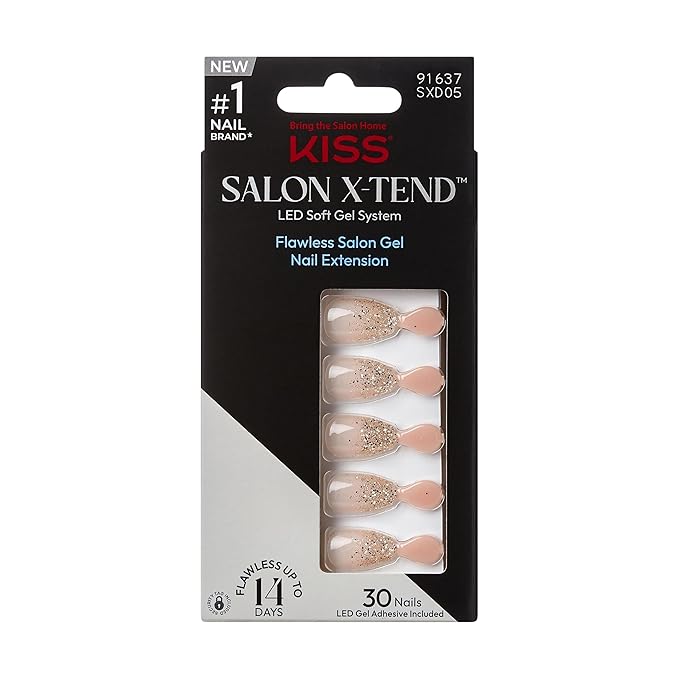 KISS Salon X-tend, Press-On Nails, Nail Glue Included, 'Satellite', Light Silver, Short Size, Coffin Shape, 30 Nails, 5Ml Led Soft Gel Adhesive, 1 Manicure Stick, 1 New Mini File, New Prep Pad