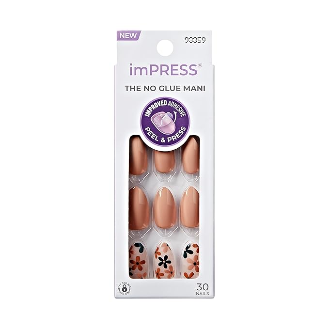 KISS imPRESS No Glue Mani Press-On Nails, Design, 'As It Was', Neutral/green, Medium Size, Almond Shape, Includes 30 Nails, Prep Pad, Instructions Sheet, 1 Manicure Stick, 1 Mini File