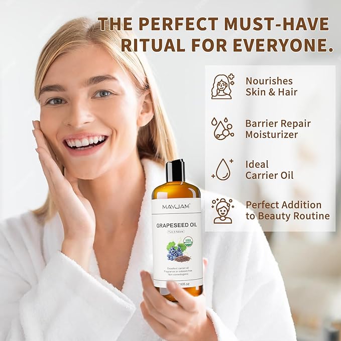 Organic Grapeseed Oil 16Oz: 100% Pure&Natural ColdPressed Carrier Oil USDA Certified Grape Seed Extract HexaneFree Unscent Liquid Moisturizer,Massage Body Face Oil for Women&Men Face Skin&Hair
