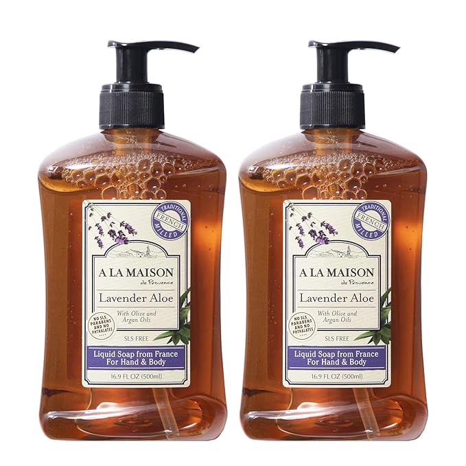 A LA MAISON de Provence Lavender Aloe Liquid Hand and Body Soap (Pack of 2) With Argan Oil, Olive Oil and Vitamin E, 16.9 fl oz Each