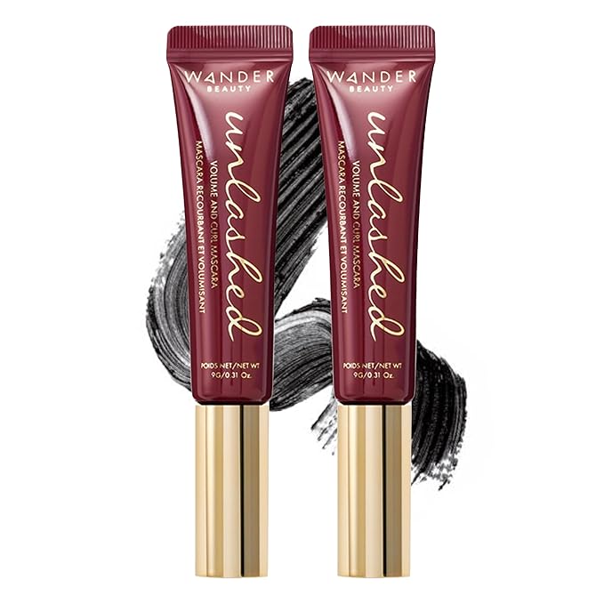 Wander Beauty Unlashed Volume & Curl Mascara - Volumizing, Lash Curling Mascara - 9 in 1 Multitasking Smudge-Proof Black Mascara - Nourish & Reduce Fallout With Peach Leaf, Vitamin E & B5 (2 Pack)
