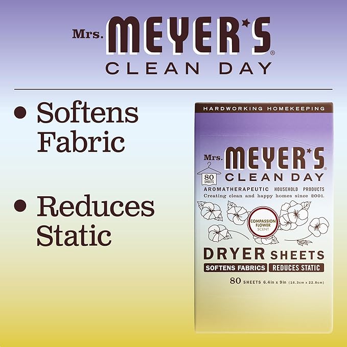 MRS. MEYER'S CLEAN DAY Dryer Sheets, Fabric Softener, Reduces Static, Infused with Essential Oils, Compassion Flower, 80 Count