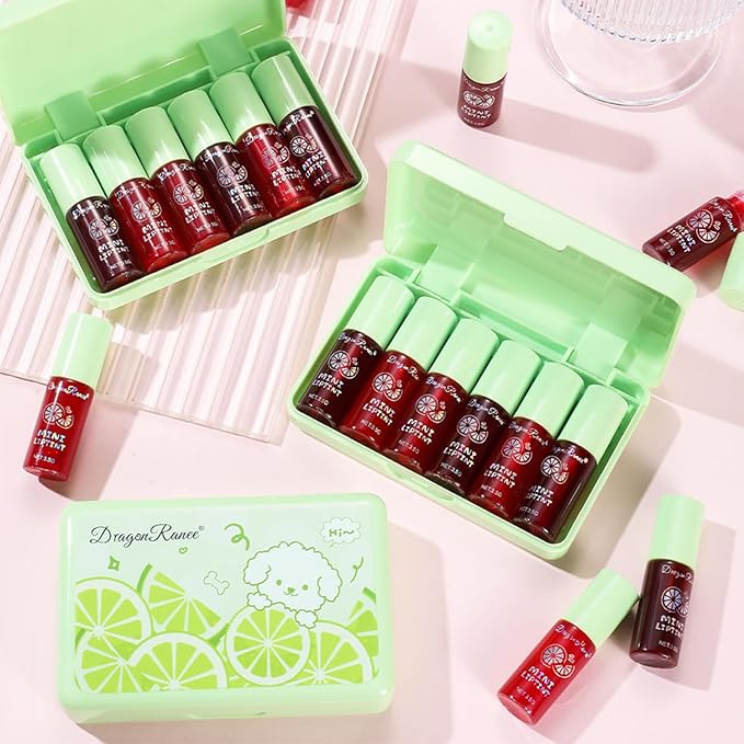 6 Colors lemon Lip Tint Stain Set, Korean Velvet Lip Stain Lip Gloss Lip Tint Stain Mini Liquid Lipstick, Long lasting Waterproof Non-Stick Cup Multi-Use Lip and Cheek Tint, High Pigment, Vivid Color