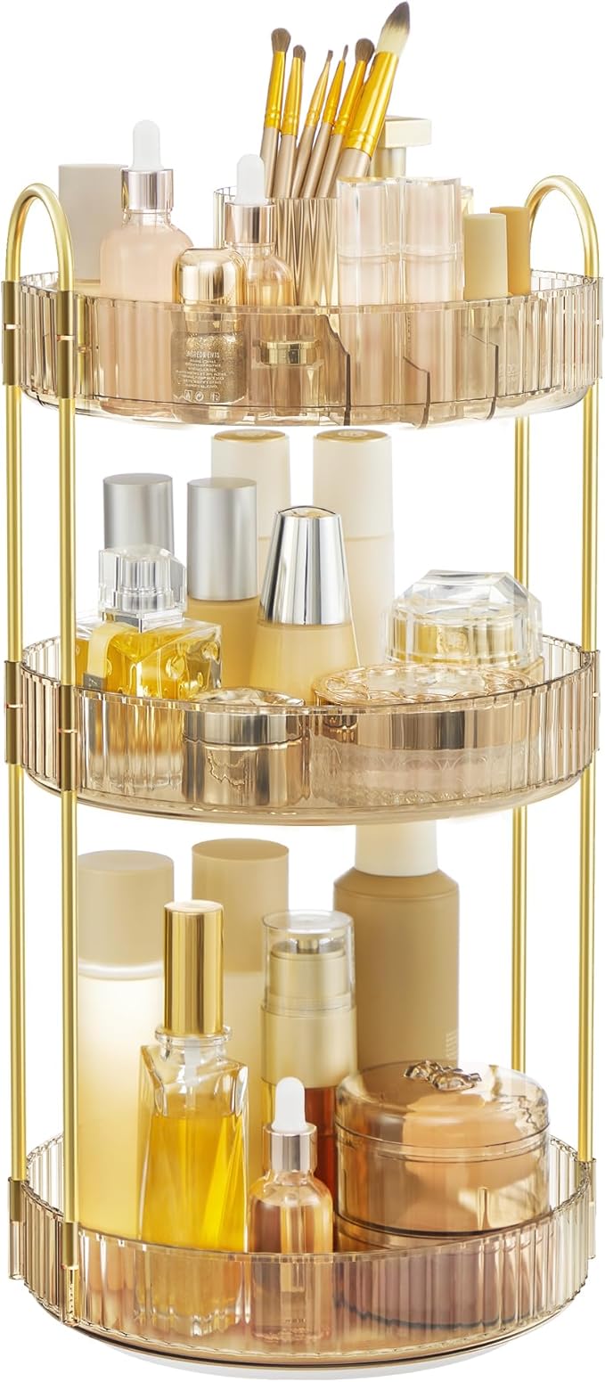 SONGMICS Makeup Organizer, 3-Tier Round Rotating Skincare Organizer Countertop, Customizable, Toiletries Vanity Organizer, Lazy Susan, Gift, Champagne Gold UJKA011A01