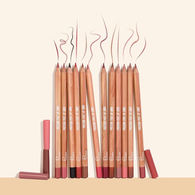 Lip Liner Set, 12Pcs Pure Natural Oak Brown Pink Red Series Lip Liners, Smooth and High Pigmented Lip Makeup Pencil