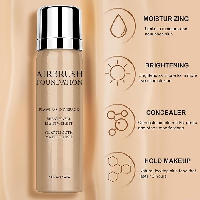 Airbrush Foundation Makeup Spray, Long Lasting Waterproof Full (#3 Nude) 2.36oz