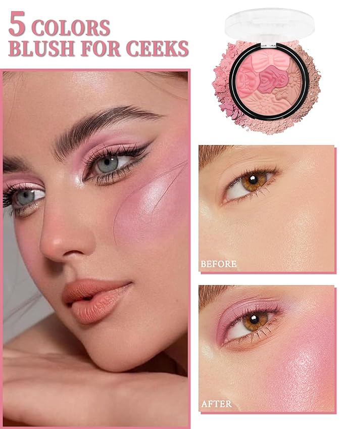 Flower Blush for Cheeks, Matte Shimmer Face Blush Powder, Eyeshadow Contour Multiuse Facial Make up Palette,Long Lasting Waterproof Embossed Blusher,Mother's Day Makeup Gift for Women-03#Rose Red