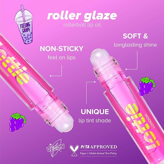 Roller Glaze in Feeling Grape, color changing nourishing lip oil which adapts to the natural pH in your lips