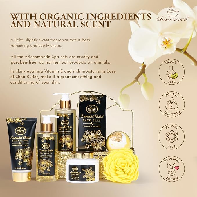 Spa Gift Baskets for Women, Gift Set for Mom Enchanted Orchid Scent, Home Spa Kit with Bubble Bath, Body Lotion, Bath Bomb, Bath Salt, Bath Gift Baskets, Birthday Gifts for Women