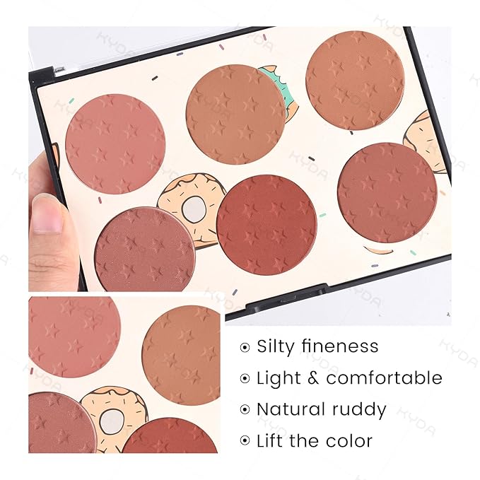KYDA 6 Colors Blush Palette, Matte and Shimmer Blush Palette, Smooth Blendable Powder, Multiuse Blusher Makeup with Contour Highlighter-Set A