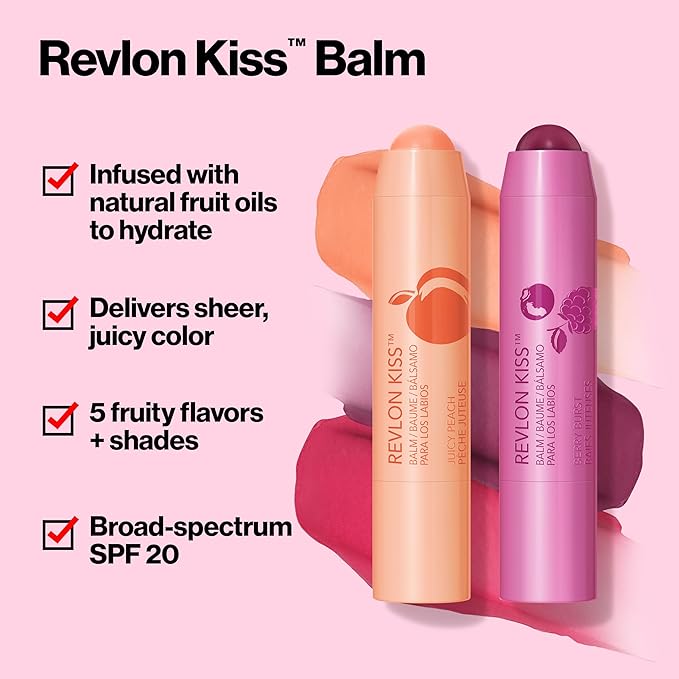 Revlon Lip Balm, Kiss Tinted Lip Balm, Face Makeup with Lasting Hydration, SPF 20, Infused with Natural Fruit Oils, 035 Berry Burst, 0.09 Oz (Pack of 2)