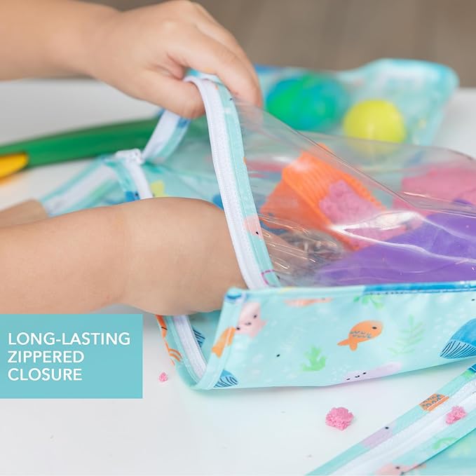 Bumkins Travel Bag, Toiletry, TSA Approved Pouch, Zip Bag, Quart Size Airline Compliant, Clear-Sided, Baby, Diaper Bag Organization, Makeup, Accessories, Packing, Set of 3 Sizes, Ocean Life Blue