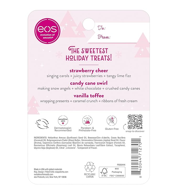 eos Holiday Lip Balm Gift- Strawberry Cheer, Candy Cane Swirl & Vanilla Toffee, Stocking Stuffers, All-Day Moisture Lip Care, 0.14 oz, 3 Count