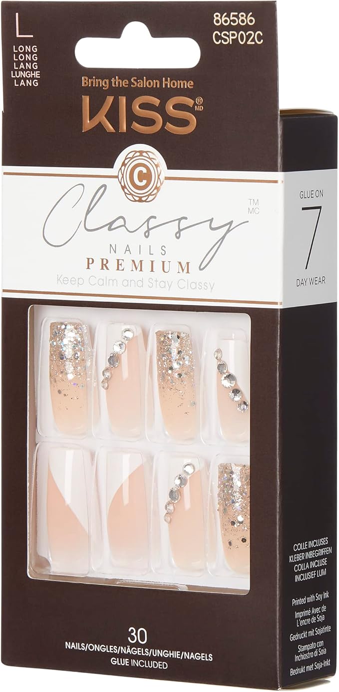 KISS Premium Classy Fake Nails French Manicure Set with Jeweled Rhinestone Nail Art Accents, Gorgeous', 30 Glue-On Nails 1 Count (Pack of 1)