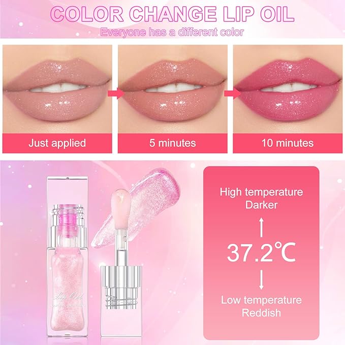 Black Color Changing Lip Oil, Temperature Change Glitter Lip Gloss, Moisturizing Plumping Lip Oil, Light Texture Non Sticky Lip Tint Oil for Lip Care (#05 Pearly Black)