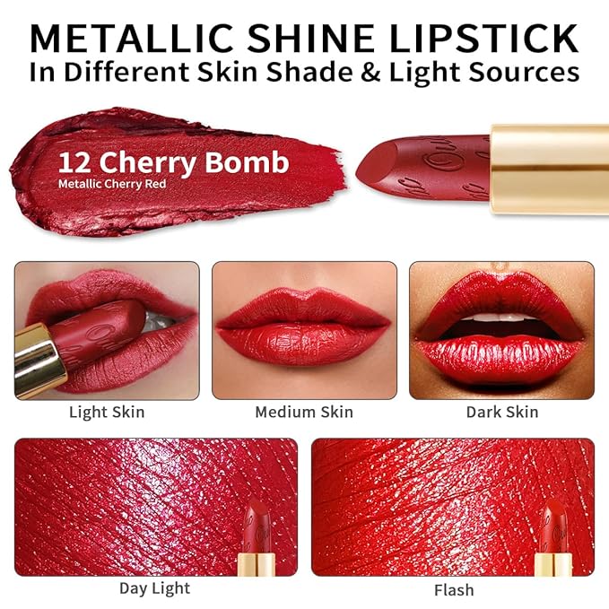 Oulac Red Lipstick Christmas Gifts for Women - Metallic 3D Shine Lightweight Hydrating Formula, High Impact Lip Color, Full Coverage Lip Makeup, Cherry Bomb(12)