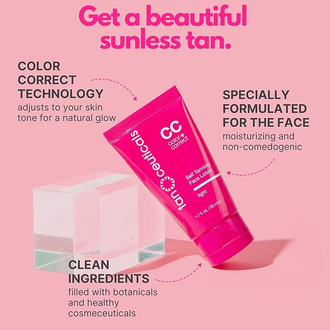 Tanceuticals Facial Self Tanner - CC Self Tanning Lotion for Face Gives Gradual & Natural Sunless Tan - Fresh Coconut Scent - Won’t Clog Pores or Cause Acne - Easy to Apply - Light Shade 1.7 oz