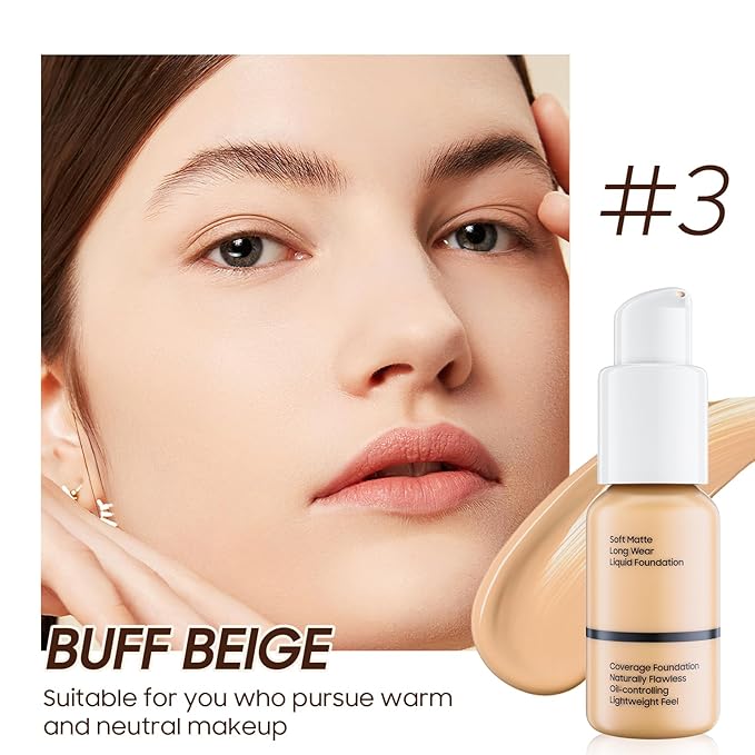 Matte Full Coverage Liquid Foundation - Lightweight & Buff Beige)