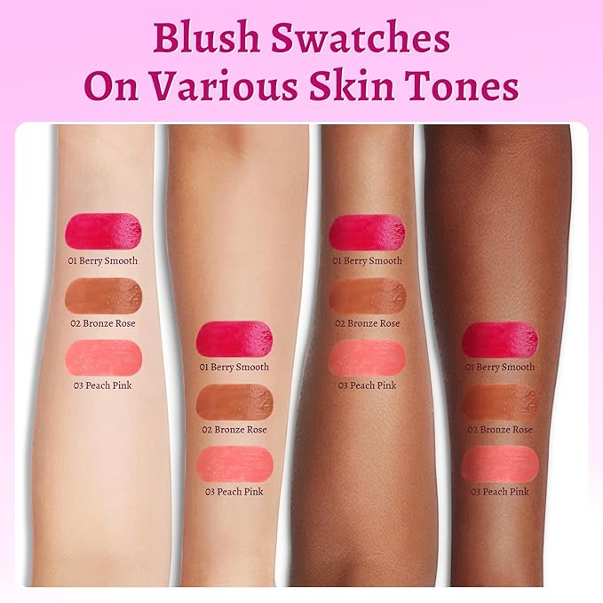 UCANBE 3PCS Liquid Blush Set – Dewy Cream Blush Makeup for Cheeks – Lightweight Long Lasting Blendable Buildable Formula for Natural Flush（Berry Smooch, Bronze Rose, Peach Pink）