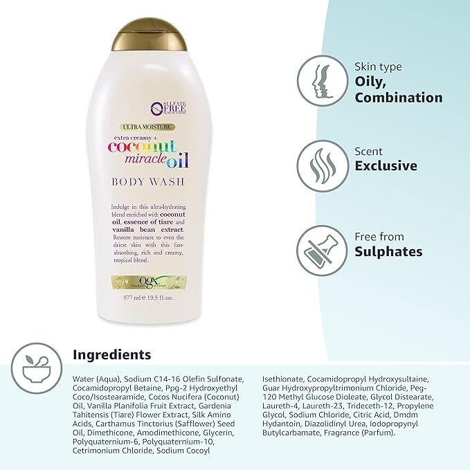 OGX Extra Creamy + Coconut Miracle Oil Ultra Moisture Body Wash, 19.5 Fl Oz (Pack of 2)