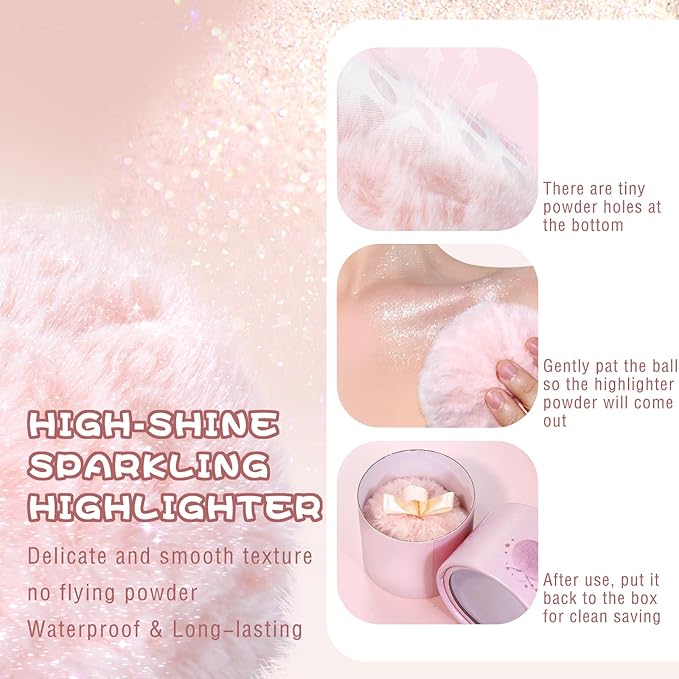 Highlighter Makeup Powder Plush Peach Ball Puff Glitter