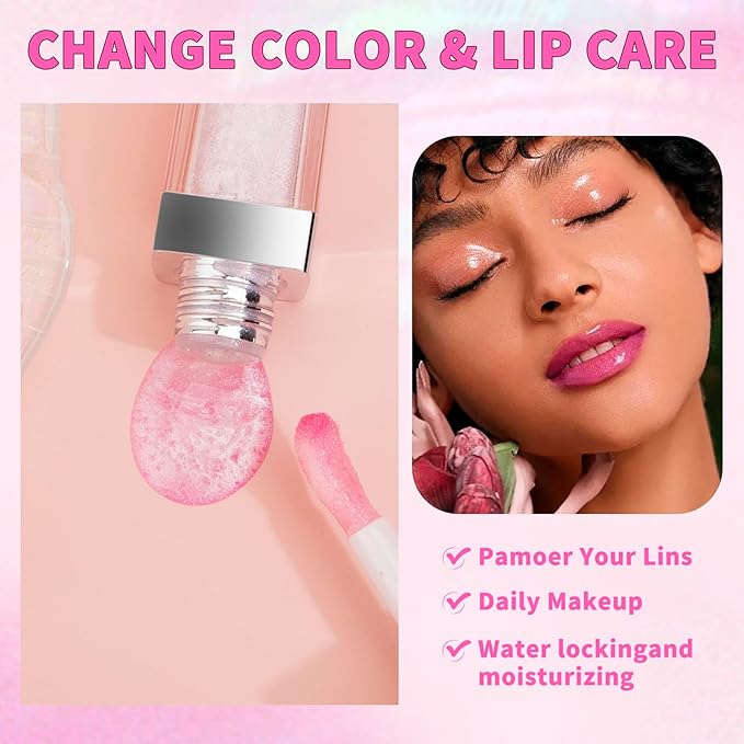 2PCS Hydrating Lip Glow Oil, Plumping Lip Gloss, Clear to Pink Lip Oil Gloss, Transparent Moisturizing Lip Balm, Natural Lip Plumper, Lip Plumper Gloss Make Lips Fuller and Moisturizing