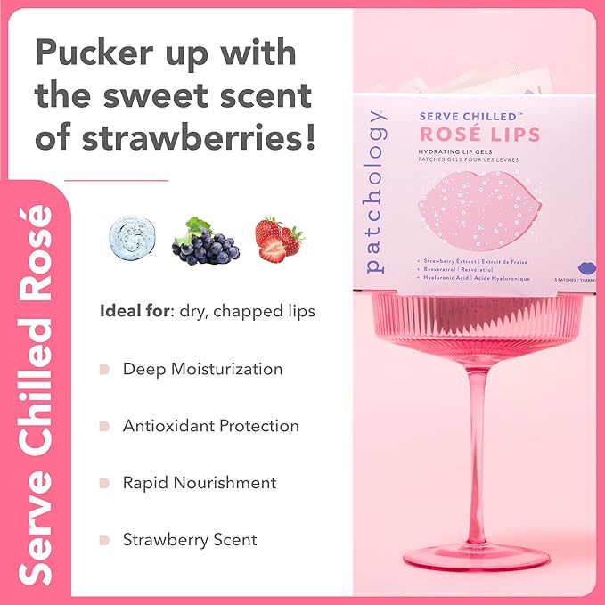 Patchology Rosé Gel Lip Mask - Overnight Lip Sleeping Mask with Resveratrol & Hyaluronic Acid for Moisturizing & Hydrating Dry Lips - Strawberry Scented Lip Care Solution (5 Count)