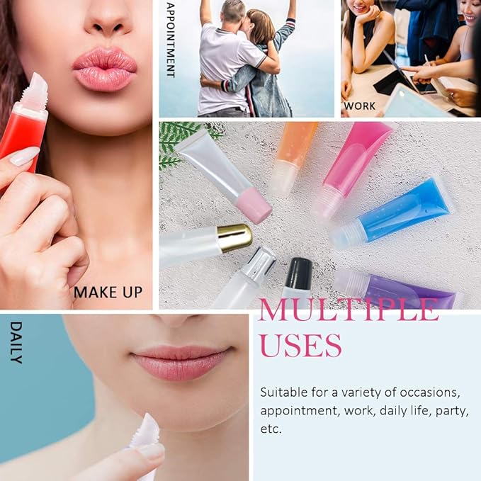 AMORIX 50PCS Matte Silver Lip Gloss Tubes 10ml Empty Lip Gloss Containers Lip Balm Tubes Refillable Cosmetic Squeeze Tubes for Lip Gloss Base Glitter with 2 x Syringes + 28pcs Tag Labels Stickers