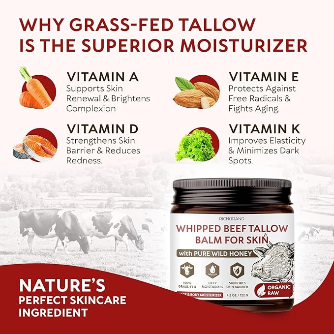 Beef Tallow for Skin, 4 Pack (17.2 fl oz) - Whipped Grass-Fed Moisturizer with Wild Honey & Beeswax, Natural Face & Body Care, Deep Hydration, Anti-Aging, Sensitive Skin Safe