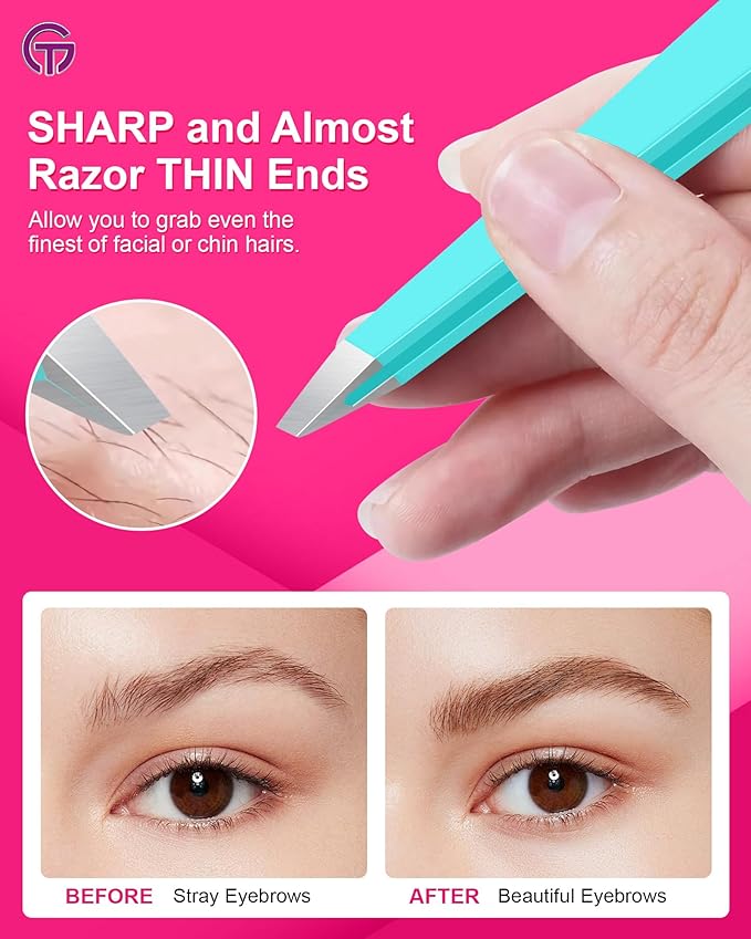 Expert Eyebrow Hair Removal Tweezer with Leather Case, GlamTweeler High Precision Slant Tip Stainless Steel Tweezers for Men and Women (Robin's Egg Blue)