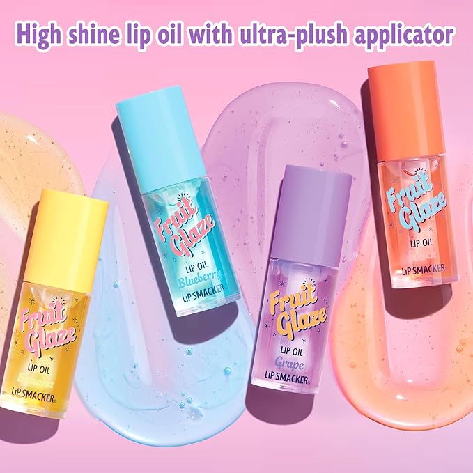 Lip Smacker Fruit Glaze Lip Oil, Ultra-Hydrating & Moisturizing with High-Shine Finish, Plush Applicator for Effortless Glide, Delicious Non-Sticky Flavor - Grape
