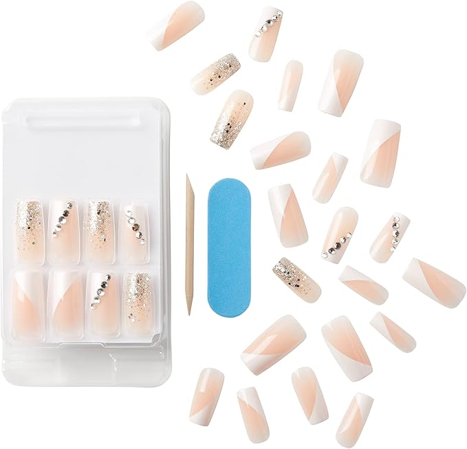 KISS Premium Classy Fake Nails French Manicure Set with Jeweled Rhinestone Nail Art Accents, Gorgeous', 30 Glue-On Nails 1 Count (Pack of 1)