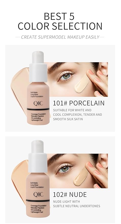 QIC Waterproof Matte Concealer BB Liquid Foundation Cream 101# Porcelain 30ml