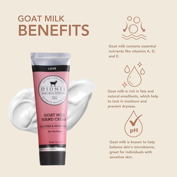 Dionis - Goat Milk Skincare Scented Hand Cream (1 oz) Set of 6, Moisturizing Lotion for Dry Skin, Good for Sensitive Skin, Cruelty-free and Paraben-free (Love)