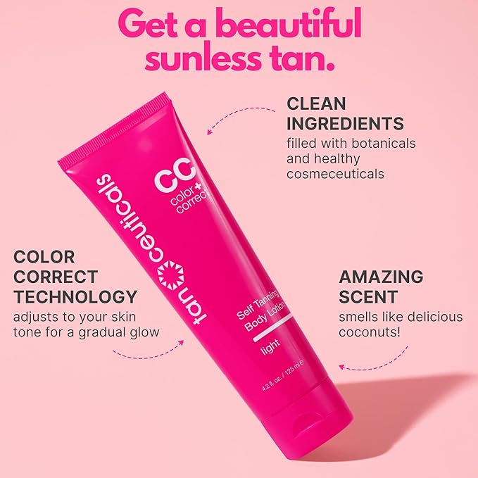 Tanceuticals CC Self Tanning Body Lotion - Light Self Tanner, Gradual Color Correcting & Natural Looking Sunless Tan – Quick Fake Tan, Bronze Glow - Fresh Coconut Scent and Healthy Ingredients